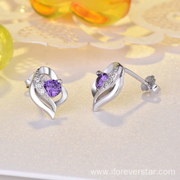 925 Silver Earrings Purple Cubic Zirconia Stud Earrings